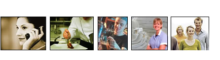 Five photographs of people at work: an office worker on the telephone, a chef, an engineer, a healthcare worker and a group of colleagues.